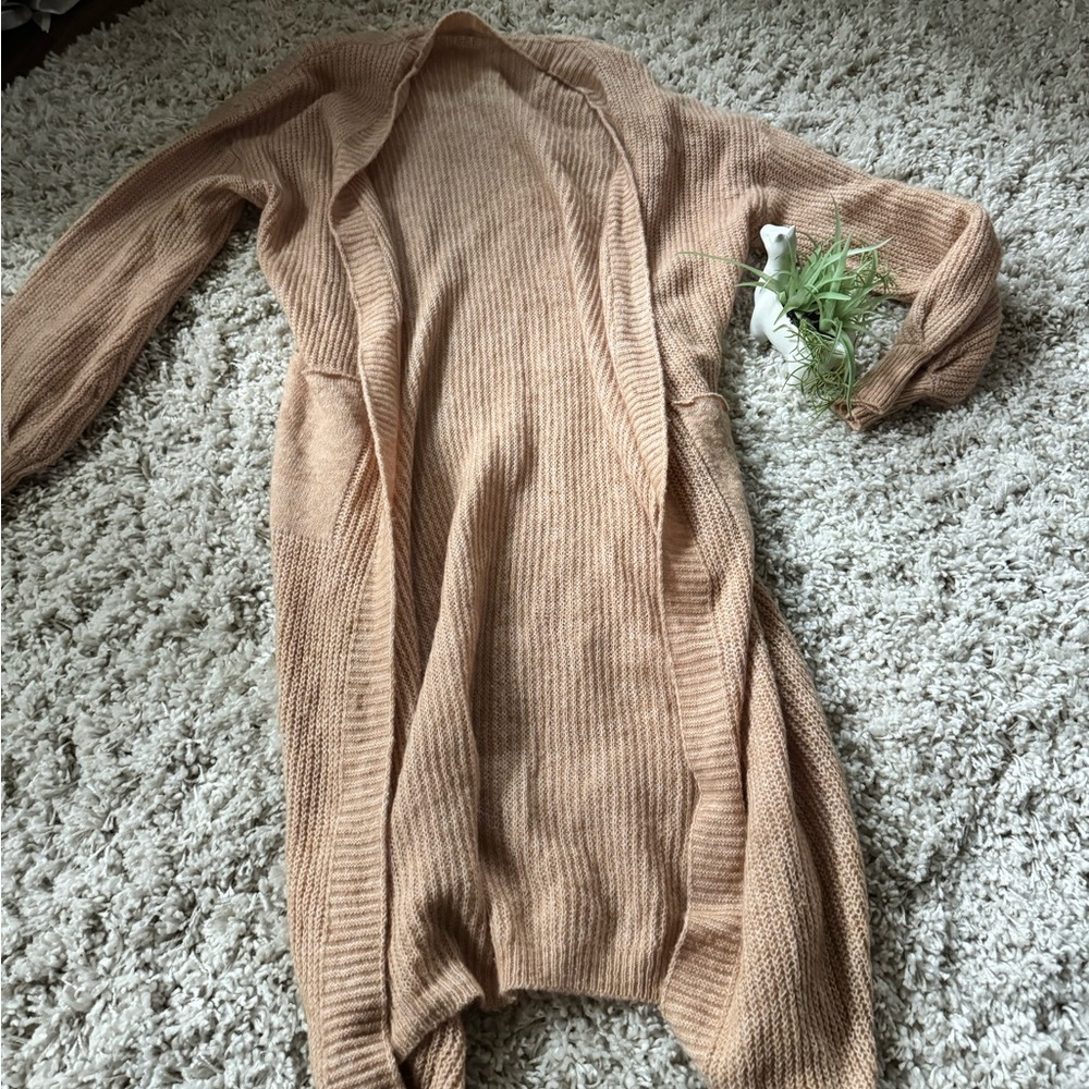 Super cute spring tan beige knitted extra long sweater like open cardigan